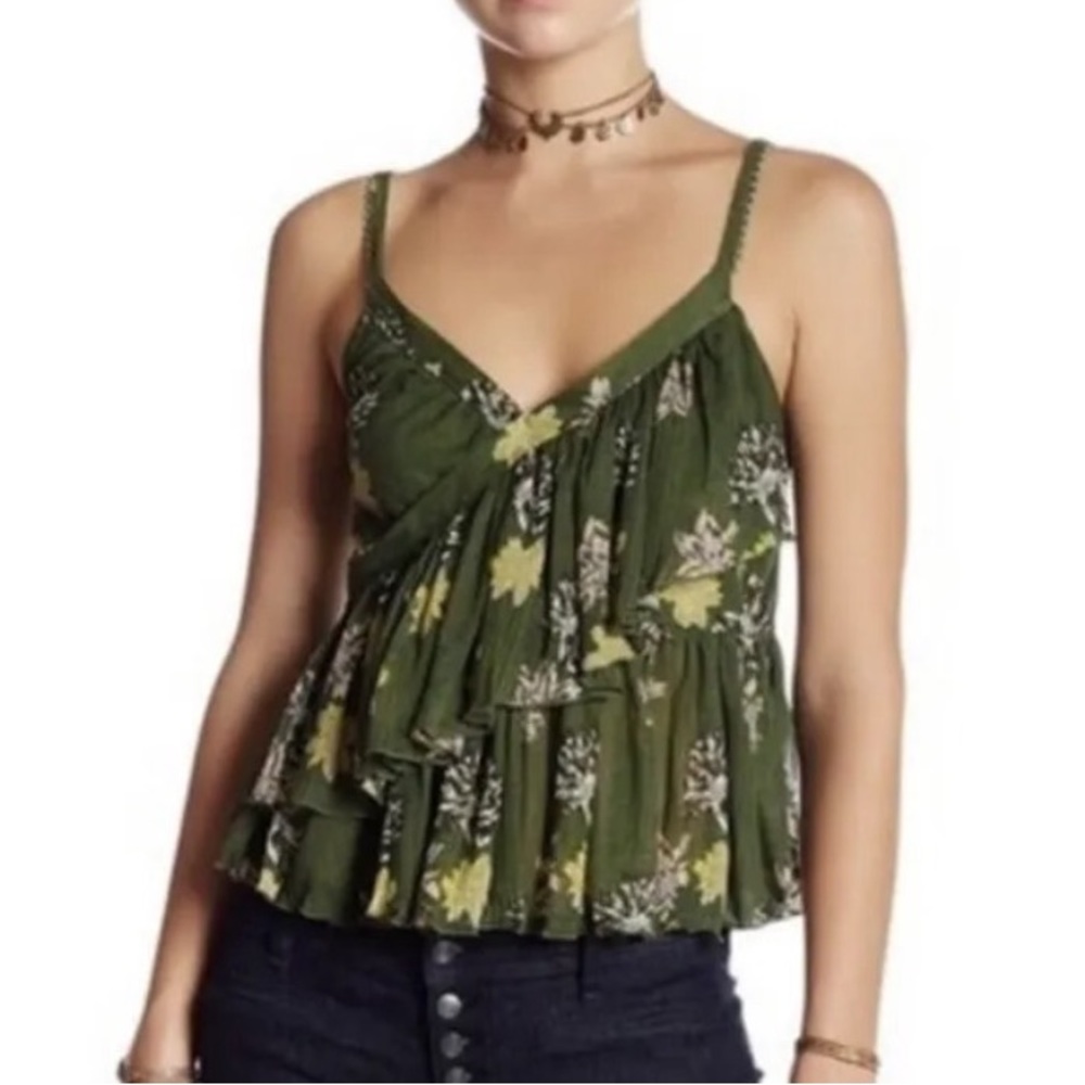 FREE PEOPLE Revolve Green Melbourne Ruffle Tank Top Bohemian Size XS Boho